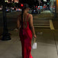 Robe de bal longue en satin bordeaux, simple, style sirène, bretelles spaghetti, dos nu, robe de soirée C5368