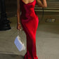 Robe de bal longue en satin bordeaux, simple, style sirène, bretelles spaghetti, dos nu, robe de soirée C5368