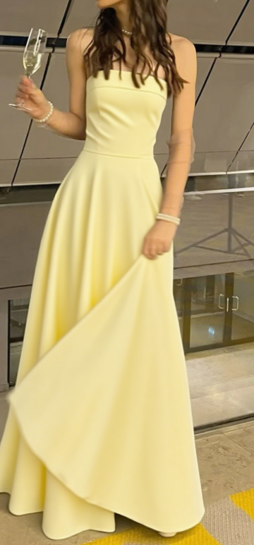 Robe de bal longue en satin jaune pastel, coupe trapèze, sans bretelles, C5369