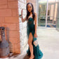 Robe de bal longue en satin vert foncé, style sirène, décolleté en cœur, paillettes, perles, fente latérale, C5379
