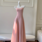 Robe de bal longue en satin et mousseline, coupe trapèze, bretelles spaghetti, C5380