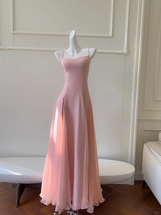 Robe de bal longue en satin et mousseline, coupe trapèze, bretelles spaghetti, C5380
