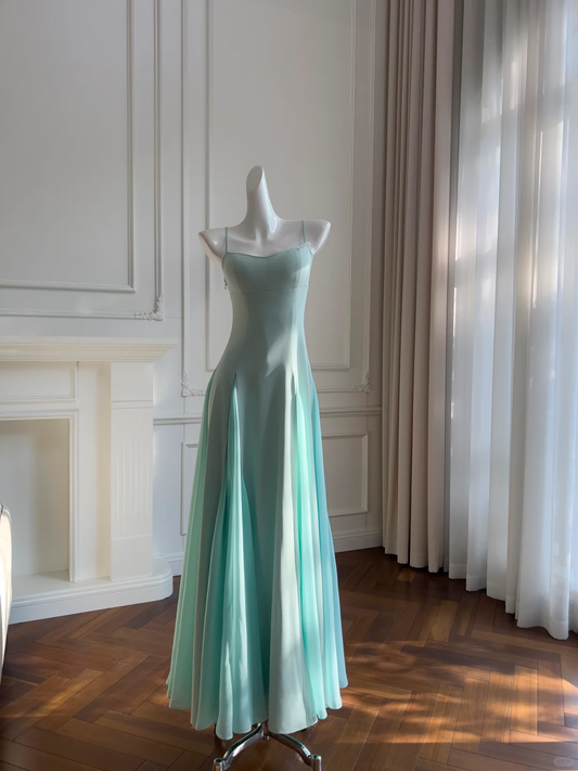 Robe de bal longue en satin et mousseline de soie, élégante, coupe trapèze, bretelles spaghetti, C5381