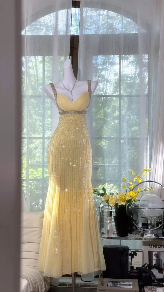 Robe de bal longue en satin jaune pastel à paillettes et décolleté en cœur, style sirène brillant, C5383