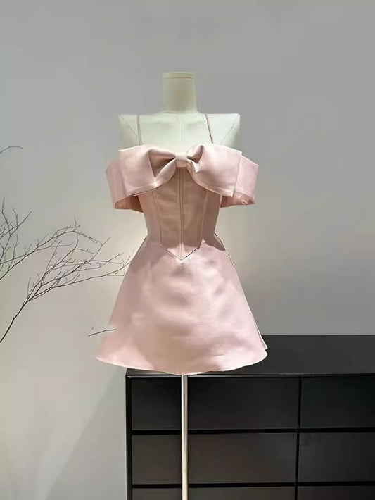 Cute Pink A Line Off The SHoulder Satin Short Homecoming Dress 18th Birthday Outfits C5392