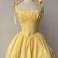 Pretty Yellow A Line Bow Straps Square Satin Short Homecoming Dress 18th Birthday Outfits C5393