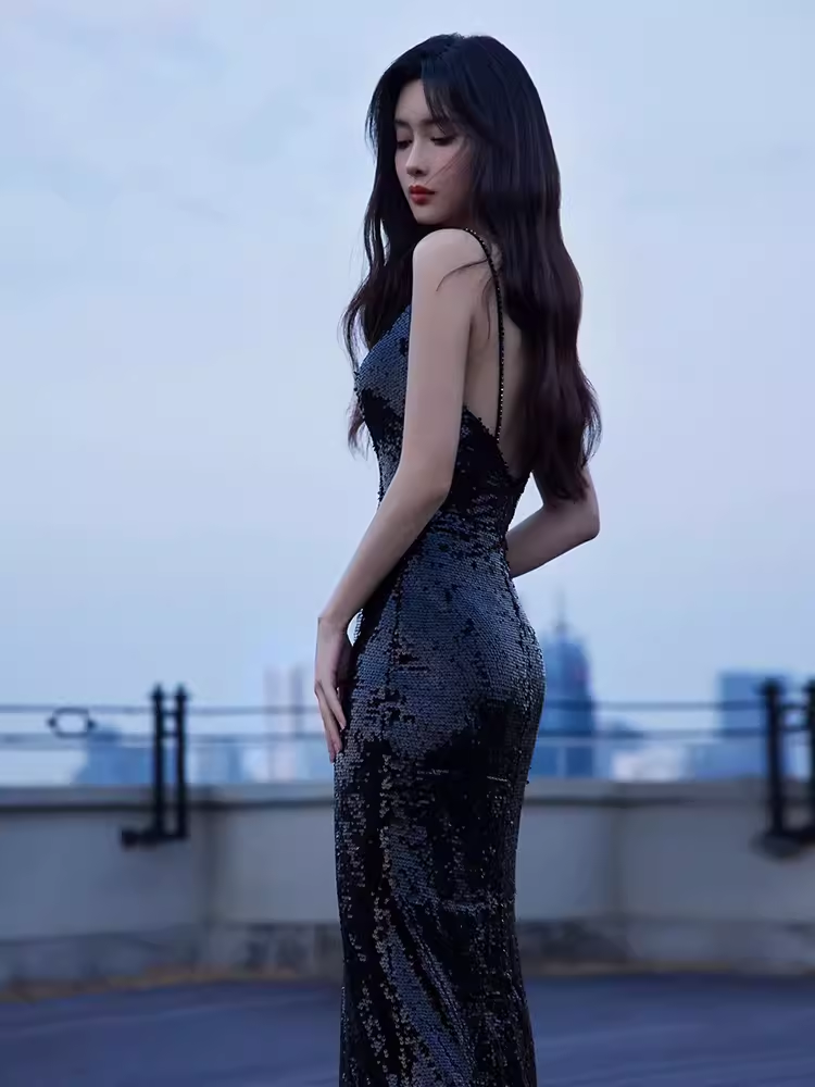 Sexy Mermaid Sequin Black Prom Dresses C53