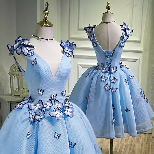 Robe de bal élégante bleue, tenues d'anniversaire, robes de soirée en Tulle avec papillon, C548