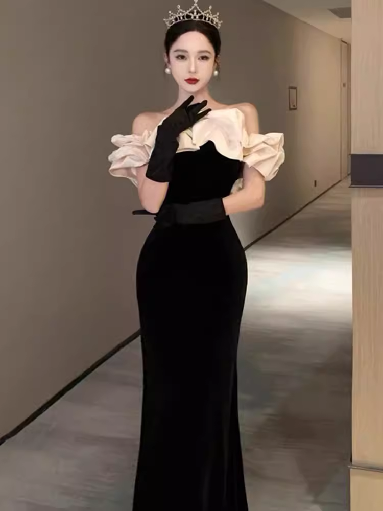 Sirène sexy sur l'épaule robes de bal noires C54