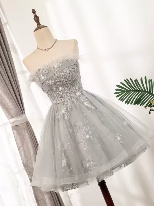 Robe de bal élégante sans bretelles, tenue d'anniversaire grise, robes de soirée en Tulle, C550