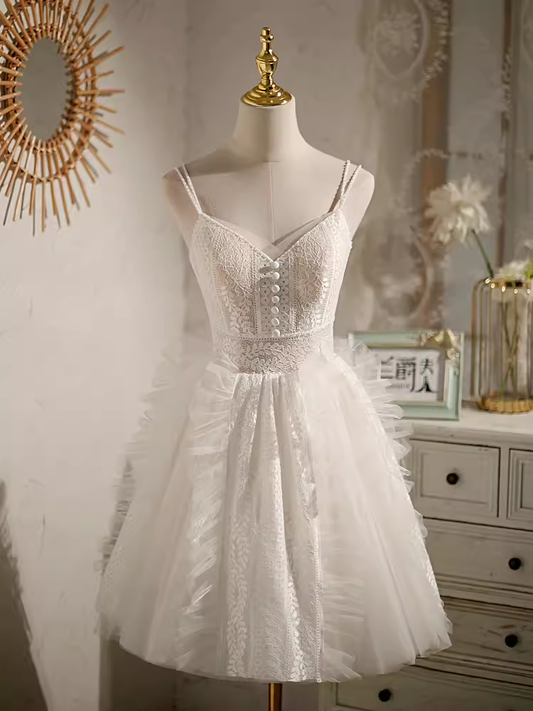 Robe de bal mignonne à bretelles, tenue d'anniversaire blanche, en Tulle et dentelle, robes de soirée, C552