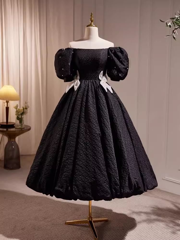 Robe de bal Vintage, épaules dénudées, tenue d'anniversaire noire, robes de soirée en dentelle, C553