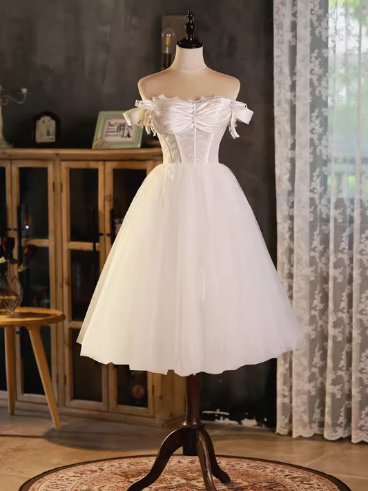 Robe de bal Vintage, épaules dénudées, tenue d'anniversaire blanche, robes de soirée en dentelle, C556