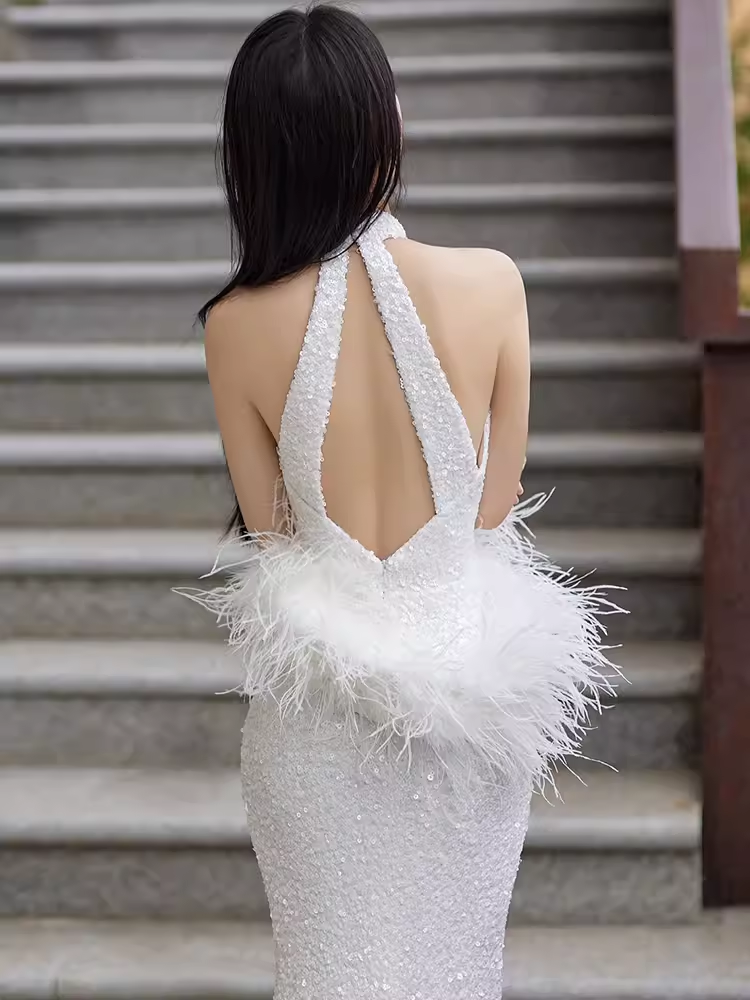 Robes de bal blanches à paillettes sirène sexy C55