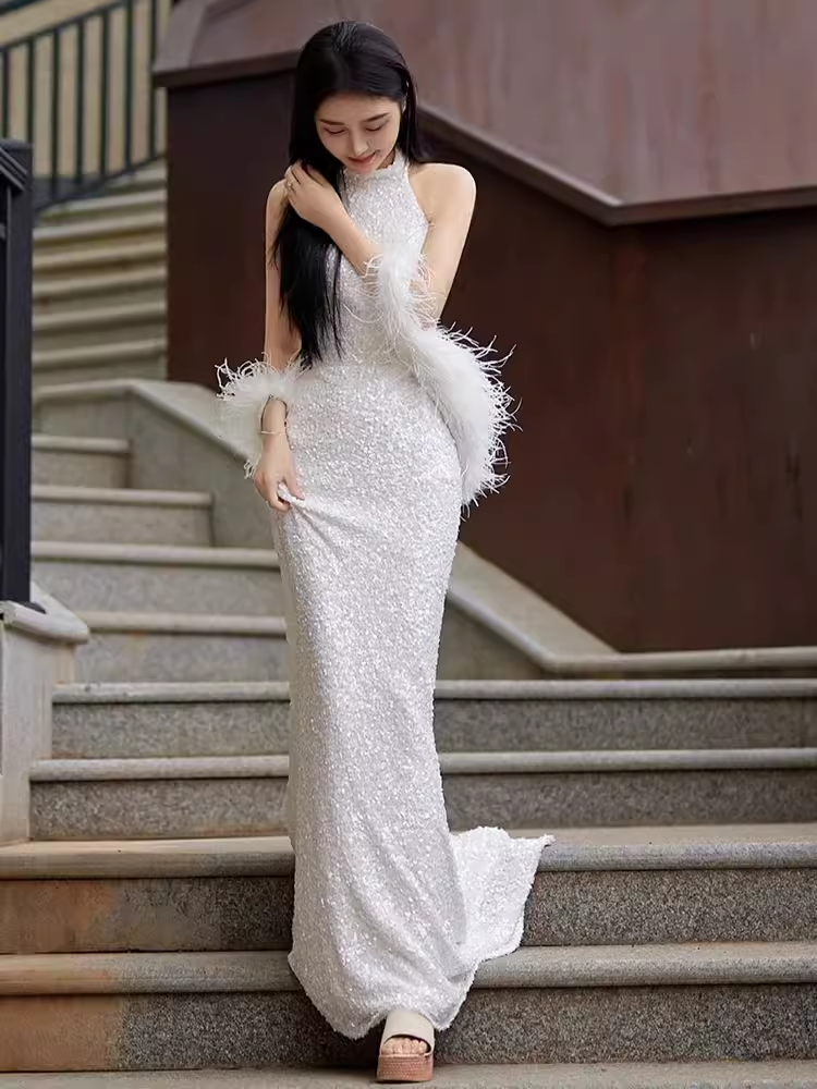Robes de bal blanches à paillettes sirène sexy C55