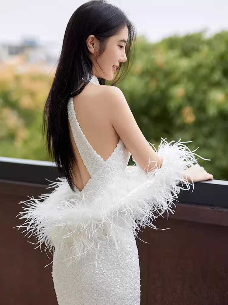 Robes de bal blanches à paillettes sirène sexy C55