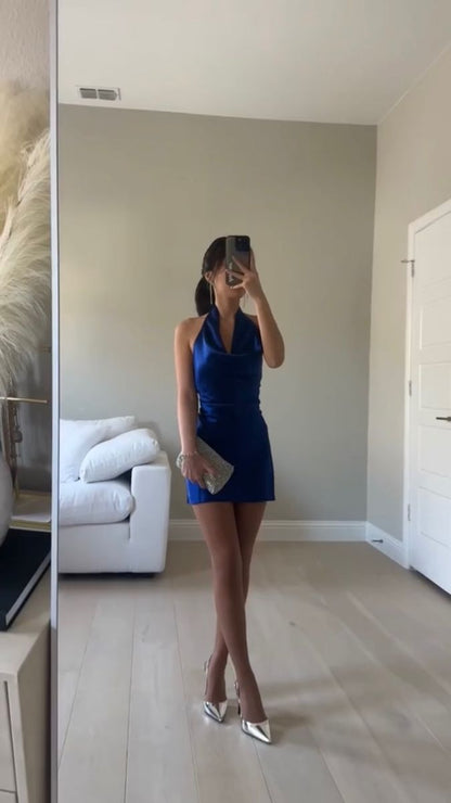 Simple Mermaid Halter Satin Short Homecoming Dress 19th Birthday Outfits C5423