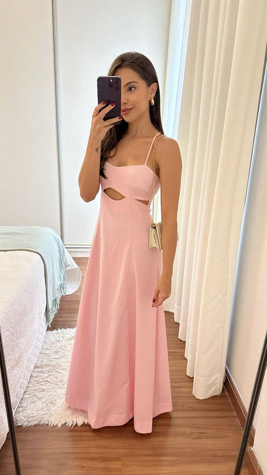 Robe de bal longue en satin rose, élégante, coupe trapèze, bretelles spaghetti, ajourée, robe de soirée C5628