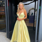 Classy A Line Spaghetti Straps Pastel Yellow Satin Long Prom Dresses Formal Dress C5630