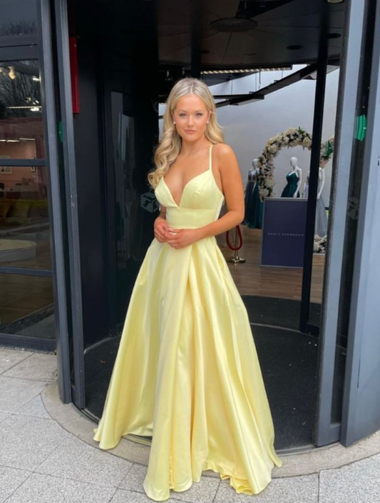 Robe de bal longue en satin jaune pastel, élégante, coupe trapèze, bretelles spaghetti, C5630