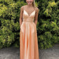 Robe de bal élégante en satin orange pastel à bretelles spaghetti et poches, coupe trapèze, longue, robe de soirée C5631
