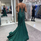 Robe de bal longue fendue en satin vert foncé, style sirène, sans bretelles, à sequins, C5633