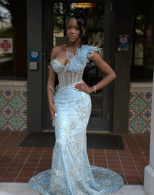 Superbe robe de bal sirène asymétrique en tulle à paillettes et perles, longue, robe de soirée formelle C5634