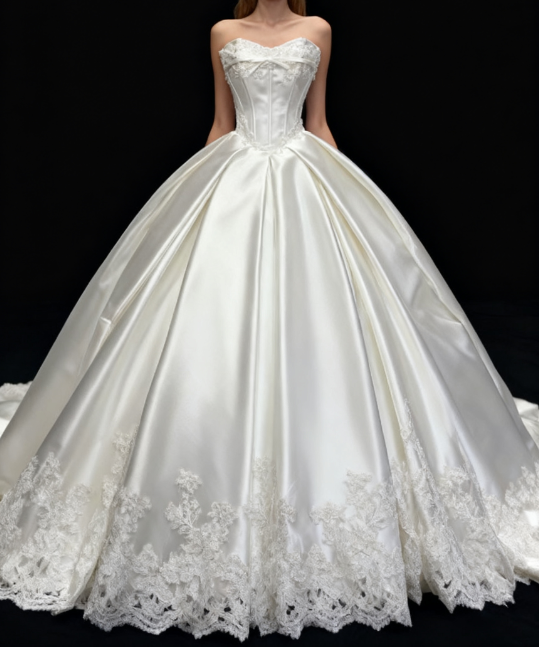 Dreamy Ball Gown Strapless Satin Lace Long Wedding Dresses C5638