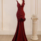 Robe de bal longue en satin bordeaux à col en V et à fleurs, style sirène sexy, C5640