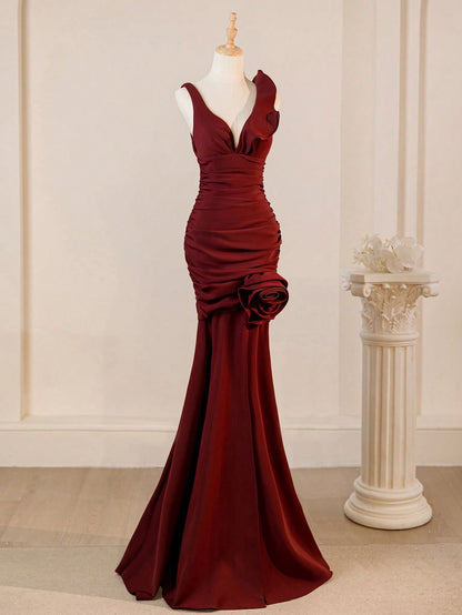 Robe de bal longue en satin bordeaux à col en V et à fleurs, style sirène sexy, C5640