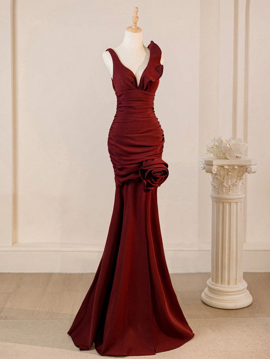 Robe de bal longue en satin bordeaux à col en V et à fleurs, style sirène sexy, C5640