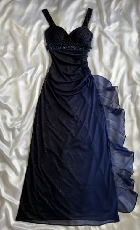 Robe de bal longue en mousseline de soie bleu marine, coupe trapèze brillante, décolleté en cœur, paillettes, C5641