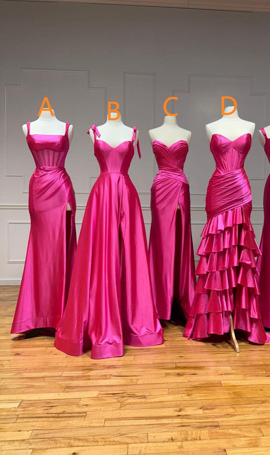 Robe de bal longue en satin rose vif, élégante, robe de demoiselle d'honneur C5643