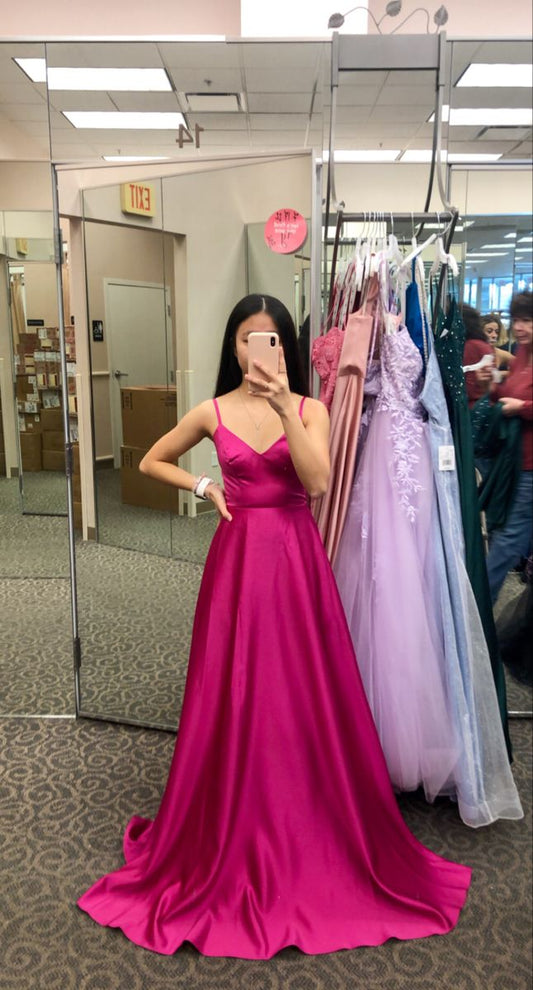 Robe de bal longue en satin rose vif, élégante, coupe trapèze, bretelles spaghetti, C5644