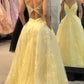 Pretty Pastel Yellow A Line Spagehtti Straps Tulle Lace With Pocket Long Prom Dresses Formal Dress C5646