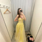 Robe de bal longue en tulle et dentelle, coupe trapèze, jaune pastel chic, sans bretelles, C5647