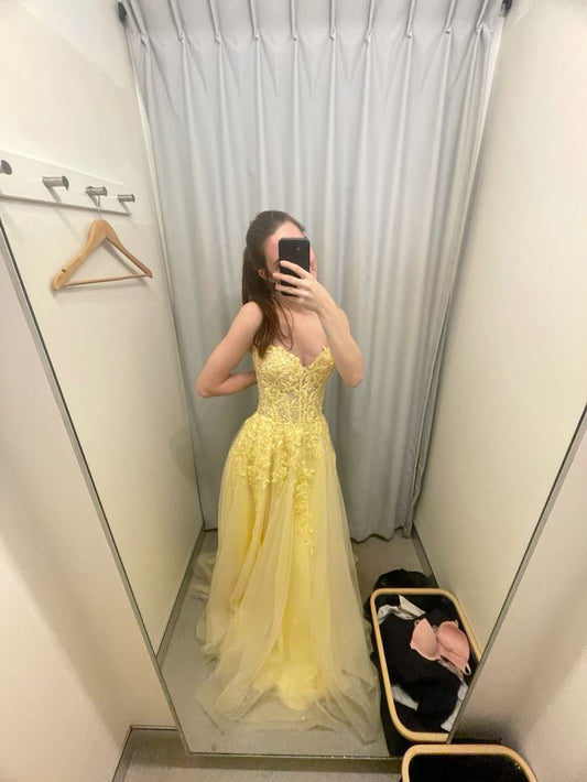 Robe de bal longue en tulle et dentelle, coupe trapèze, jaune pastel chic, sans bretelles, C5647