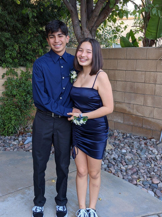 Elegant Mermaid Spaghetti Straps Navy Satin Short Homecoming Dress 19th Birthday Outfits C5657