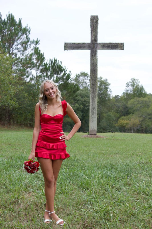 Unique Burgundy A Line Spaghetti Straps Satin Ruffle Short Homecoming Dress 18th Birthday Outfits C5671