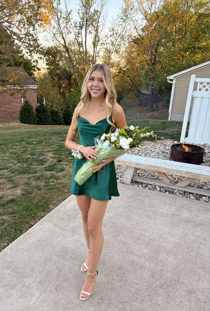 Robe de soirée courte en satin vert foncé, élégante, coupe trapèze, bretelles spaghetti, tenue pour 18e anniversaire, C5673