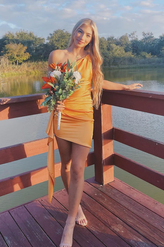 Chic Mermaid One Shoulder Orange Satin Ruffle Short Homecoming Dress 21th Birthday Outfits C5674