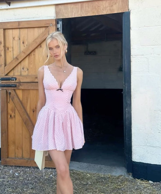 Sexy A Line V Neck Pink Satin Polka Dots Short Homecoming Dress 20th Birthday Outfits C5677
