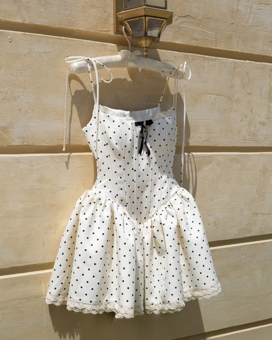 Cute A Line Spaghetti Straps Satin Polka Dots Lace Short Homecoming Dress 18th Birthday Outfits C5678