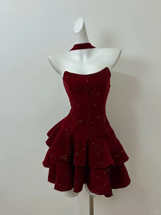 Lovely A Line Strapless Burgundy Satin Sequin Short Homecoming Dress 18th Birthday Outfits C5679