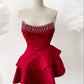 Jolie robe de soirée courte en satin bordeaux, coupe trapèze, sans bretelles, avec perles, pour un 19e anniversaire, C5682