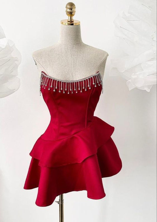 Pretty A Line Strapless Burgundy Layer Satin Beaded Short Homecoming Dress 19th Birthday Outfits C5682