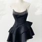 Unique A Line Strapless Black Layer Satin Beaded Short Homecoming Dress 19th Birthday Outfits C5683