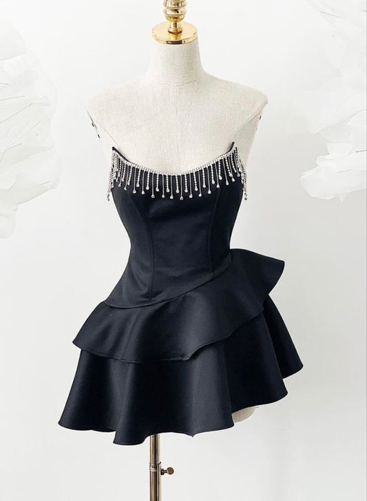 Unique A Line Strapless Black Layer Satin Beaded Short Homecoming Dress 19th Birthday Outfits C5683