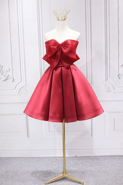 Sweet A Line Strapless Burgundy Satin With Bow Short Homecoming Dress 17th Birthday Outfits C5684