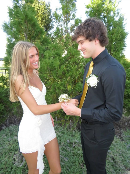 Elegant Tight Mermaid Spaghetti Straps White Satin Chiffon Ruffle Short Homecoming Dress 19th Birthday Outfits C5686
